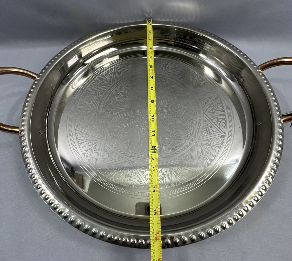 Vintage Large 16.5” Silverplate Silver Round Serving Tray w/Copper Handles India