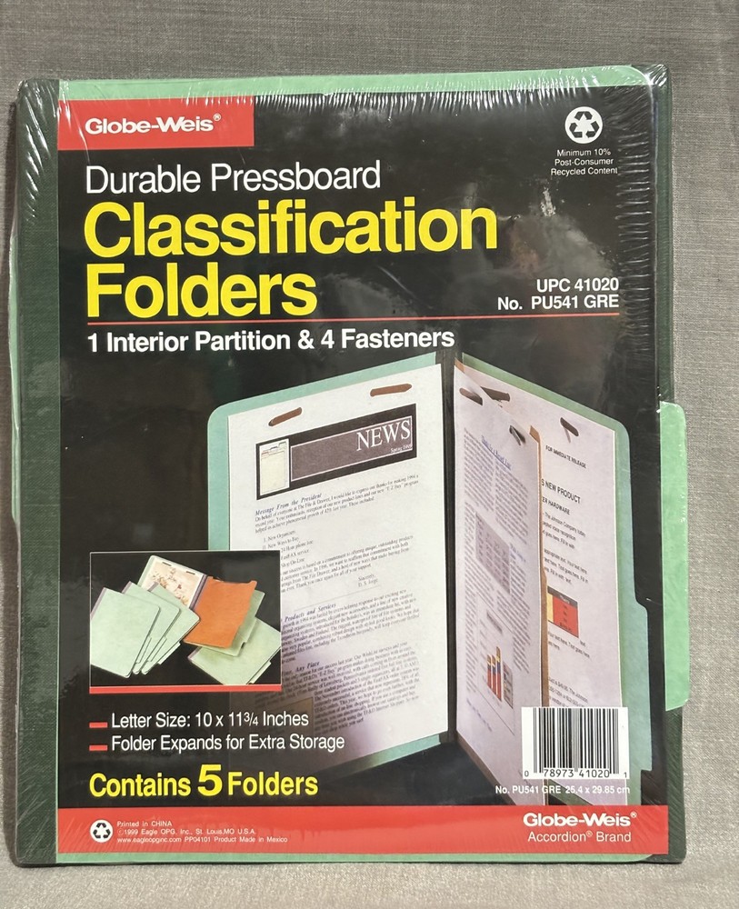 Globe-Weis Durable Pressboard Classification Folders 5-PACK Letter Size GREEN