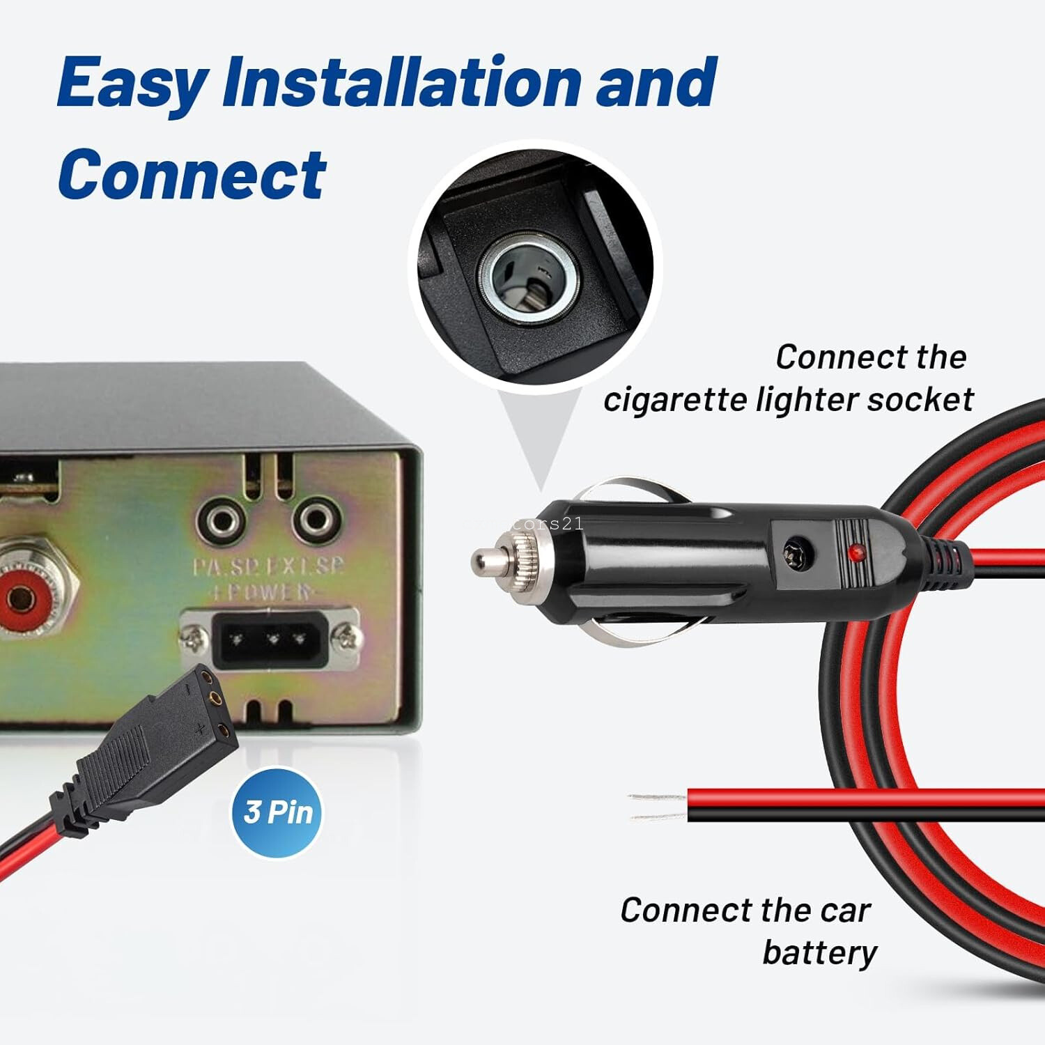 2x 3-Pin CB Radio Power Cord with Cigarette Lighter Socket Extension For Cobra
