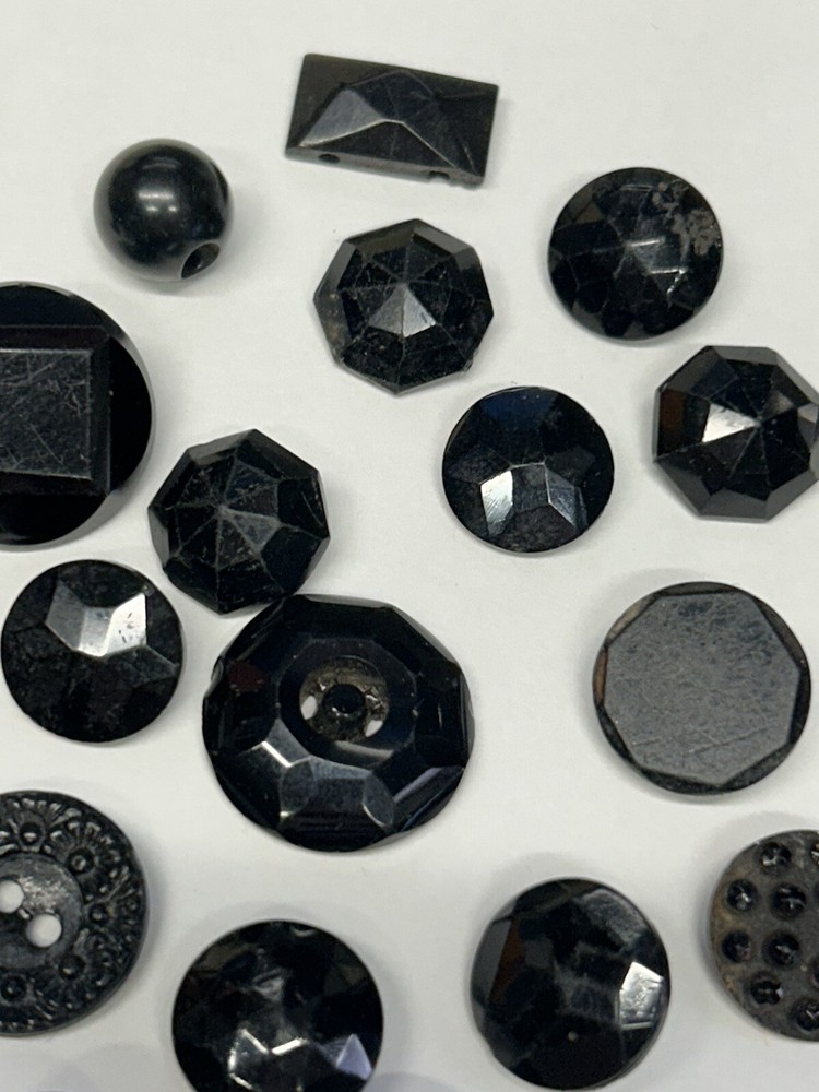 30 Assorted Antique Jet Black Buttons Vintage