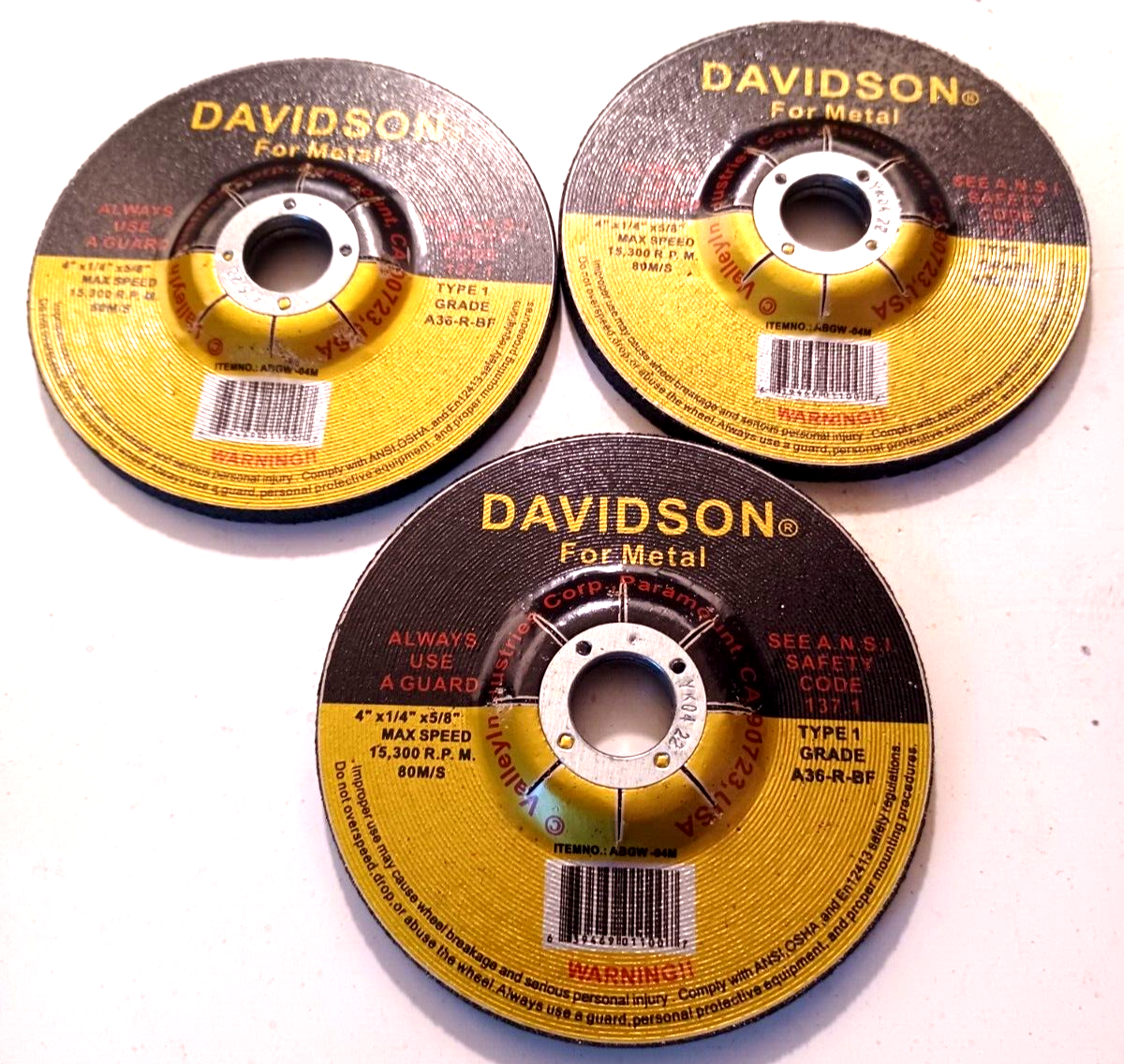 3 PC. 4" DIA. GRINDING WHEEL DISC 1/4" THICK, 5/8" ARBOR METAL USE