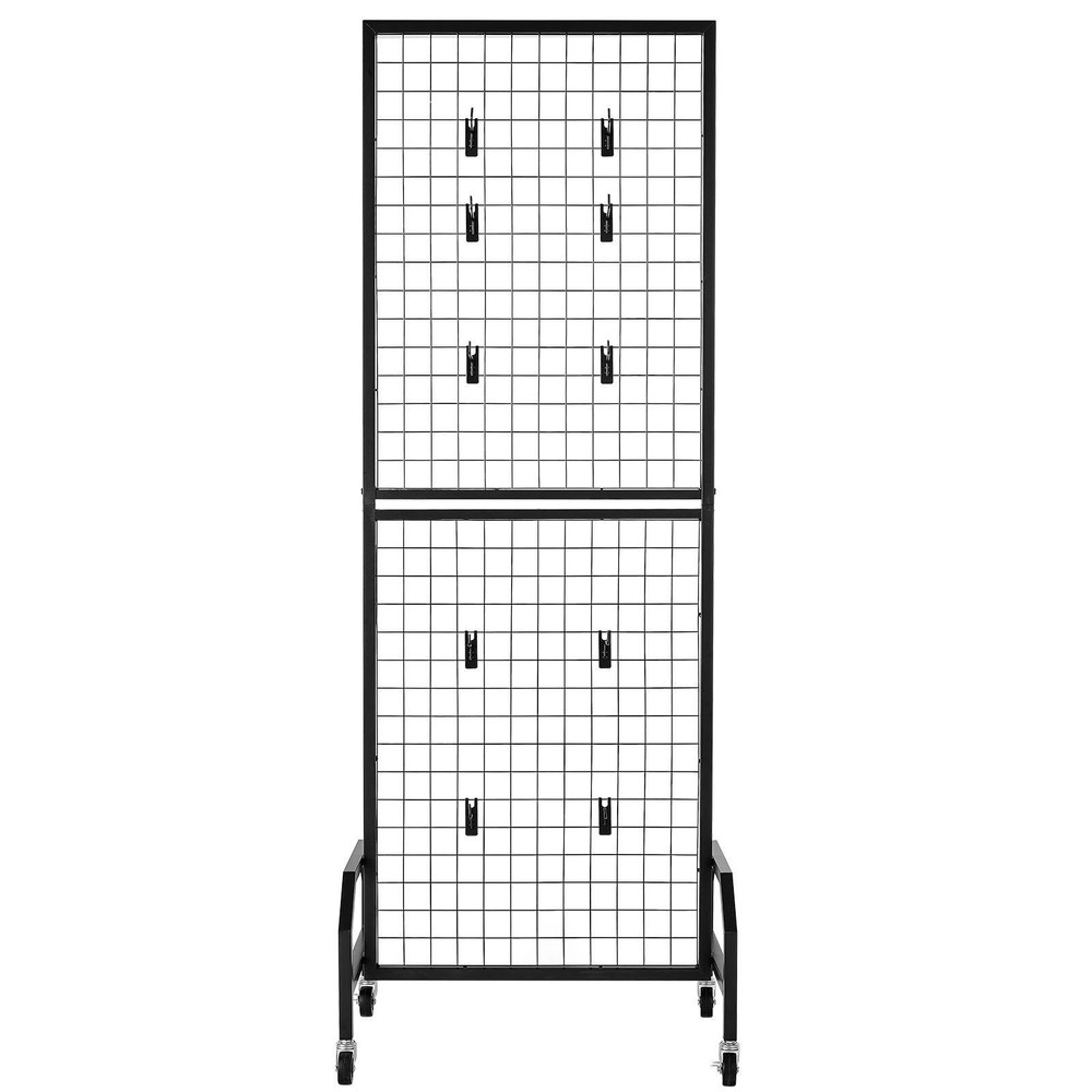 Grid Wall Panel 1.9x5.4ft, Steel Display Rack with 10 Hooks & Locking Casters