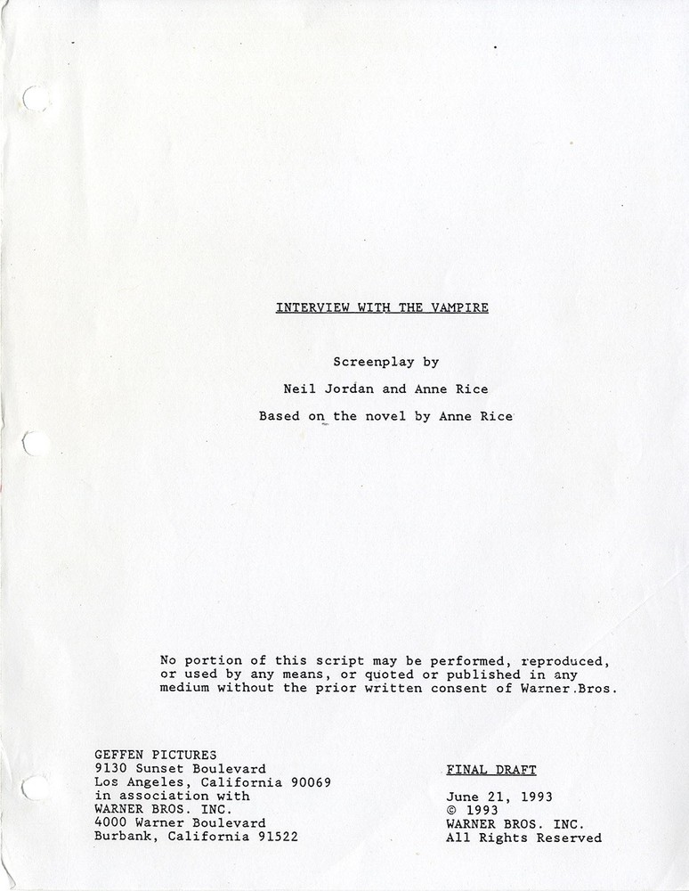INTERVIEW WITH THE VAMPIRE (Jun 21, 1993) Final draft script by Rice, Jordan