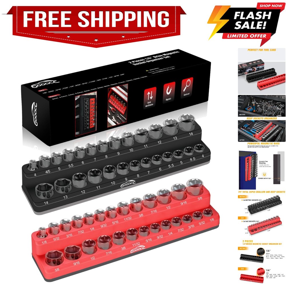 1/4" Magnetic Socket Organizer, 2 Pieces Socket Holder Metric SAE Socket Tray...