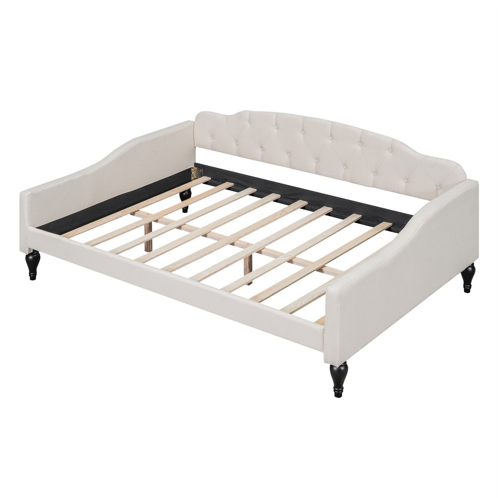 Full Size Daybed Linen Upholstered Bed Frame Sofa Bed for Bedroom Beige