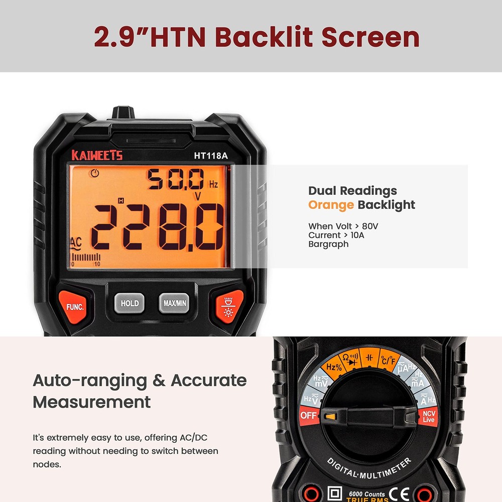 KAIWEETS Digital Multimeter TRMS 6000 Counts Voltmeter 6000 counts, black