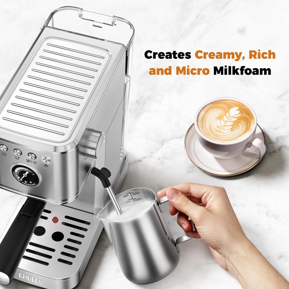 CHULUX Elite Espresso Machine 20 Bar, Compact Medium, Sterling Silver