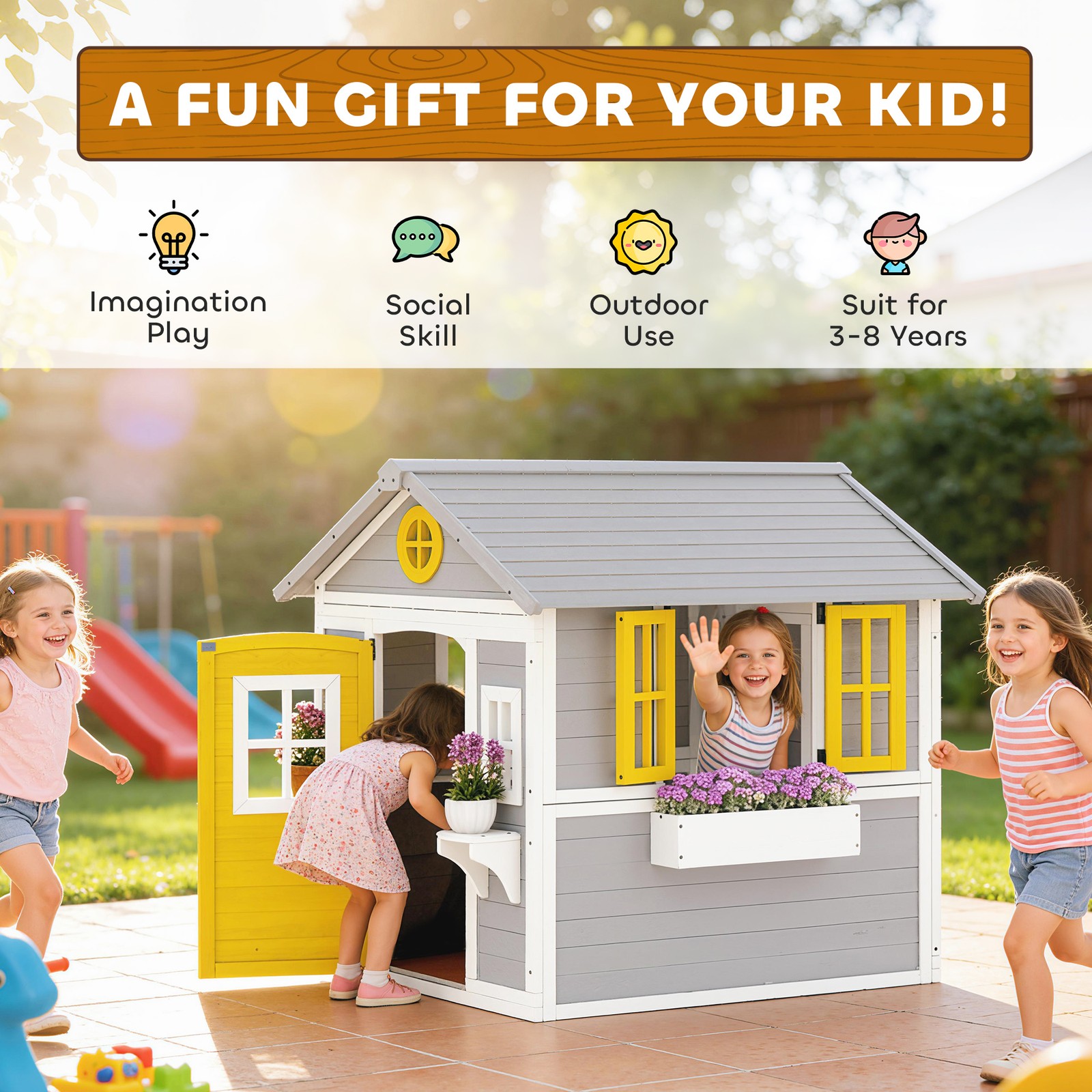 Outsunny Playhouse for Kids with Doors, Windows, Planter Pots and Boxes