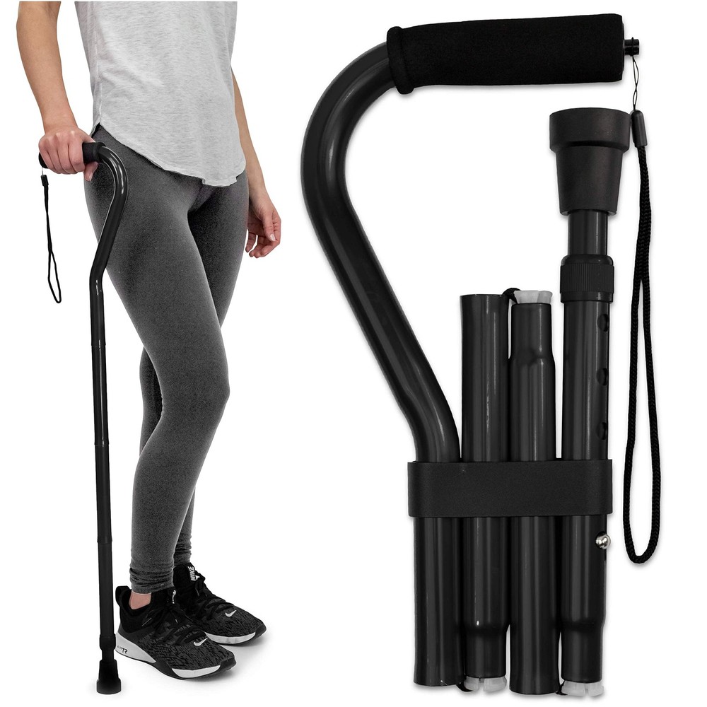 RMS Folding Cane with Offset Foam Handle, Adjustable Walking Stick Black