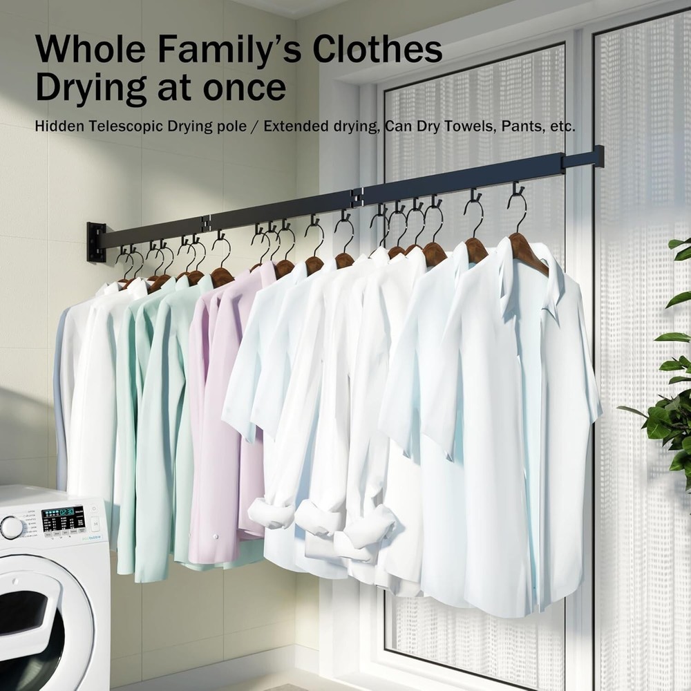 Wall Mounted Folding Clothes Drying Rack with Retractable Hooks - Modern Design