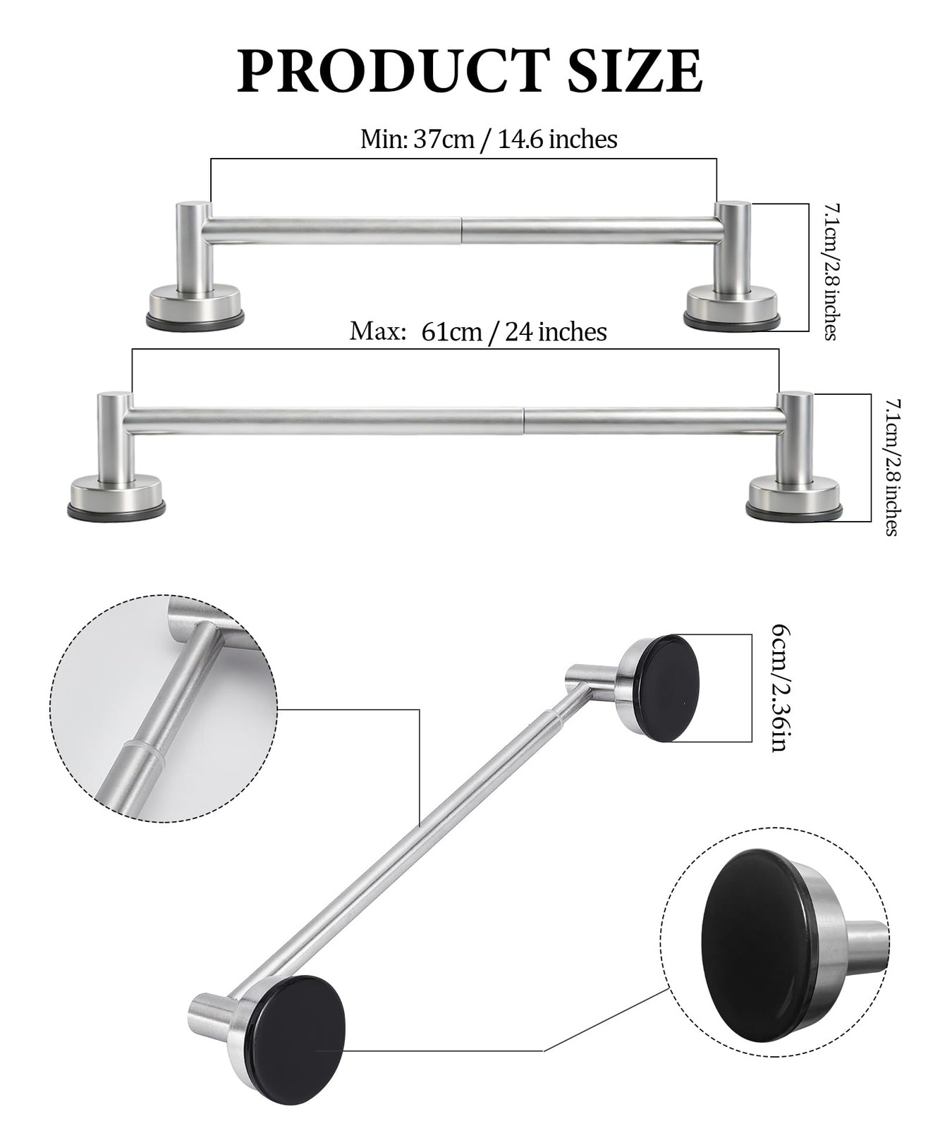 14.6 to 24 Inch Adjustable Towel Bar for Bathroom,Suction Cup Towel Rack for ...