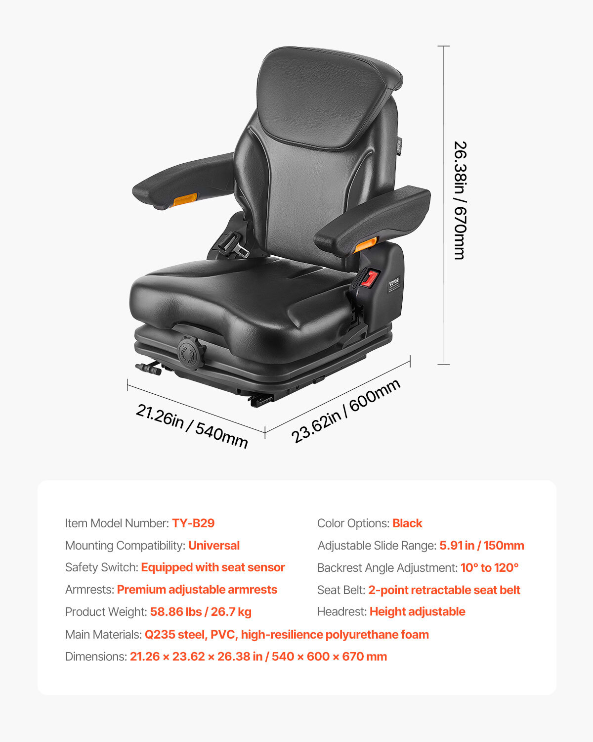 Forklift Seat Tractor Suspension Seat Fold Down Adjustable Back & Headrest