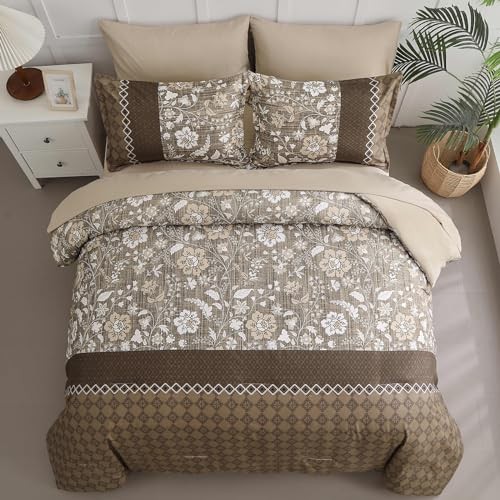 Comforter Set 7 Pieces Bed in a Bag Floral Patchwork Soft Queen Brown