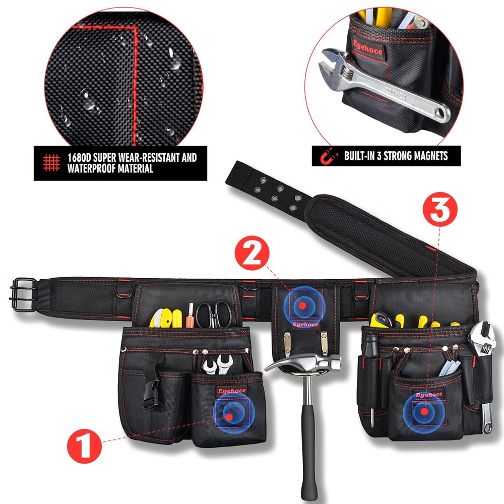 Tool Belt with Multiple Pockets，Adjustable and durable carpenter tool beltele...