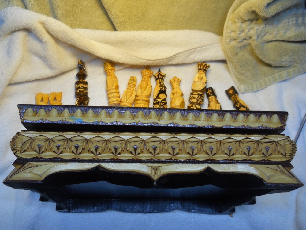 Hand Carved Russian Chess Set with Box