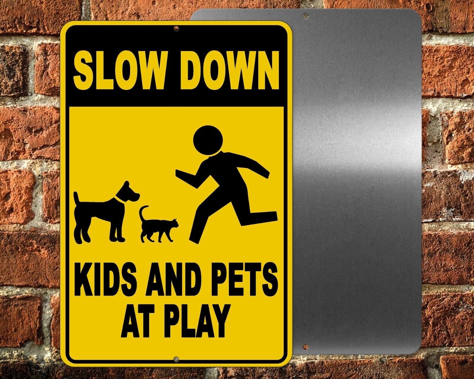 Slow down kids and pets at play metal sign 5 sizes warning children cats snw025