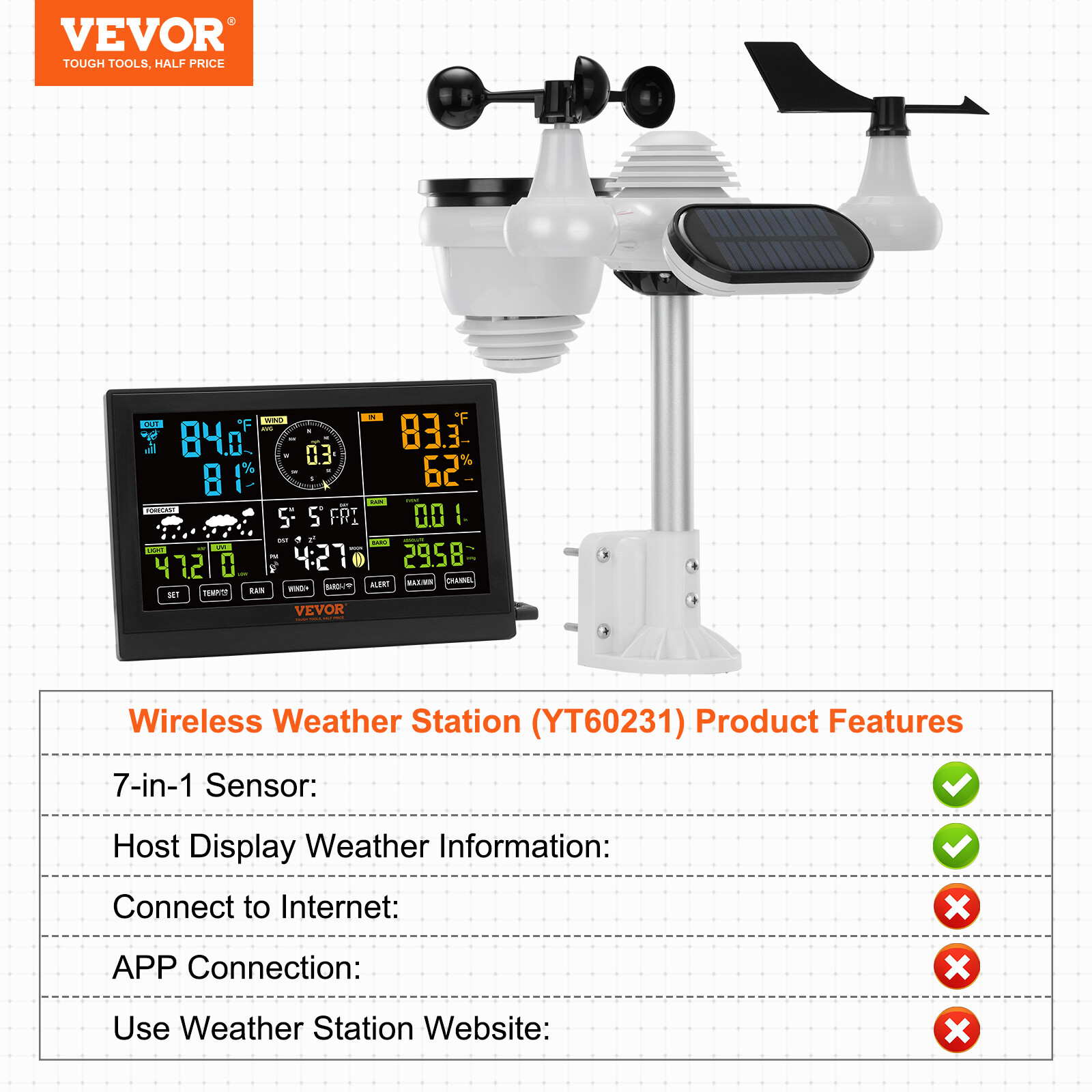 VEVOR 7-in-1 Wireless Weather Station 7.5 in Large Display for Indoor Outdoor