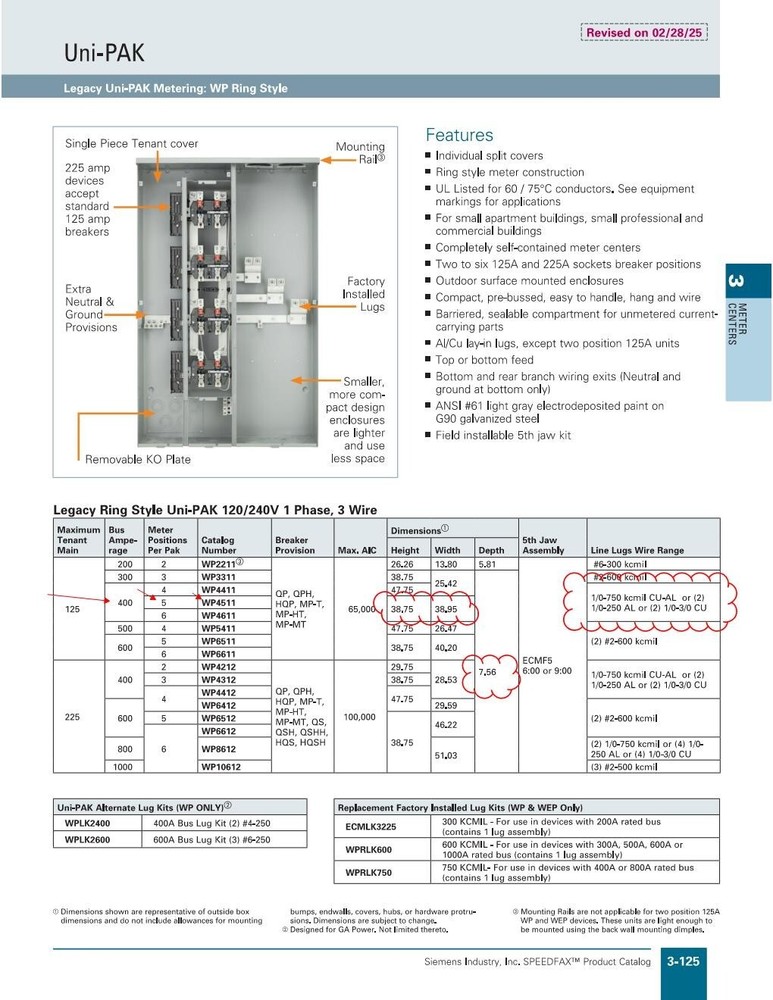 Siemens WP4511 400 Amp 1-Phase 5 125a Meter Pack Ring type