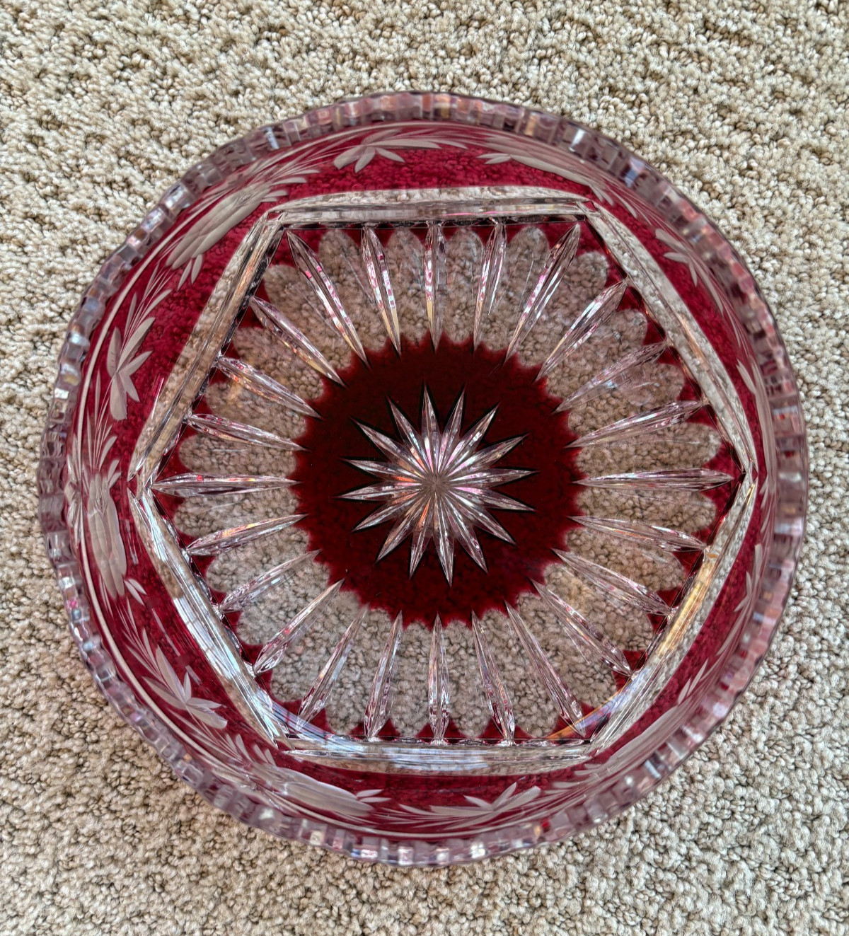 VINTAGE RUBY RED Bohemian Czeck Art Crystal Cut To Clear Center Piece Bowl