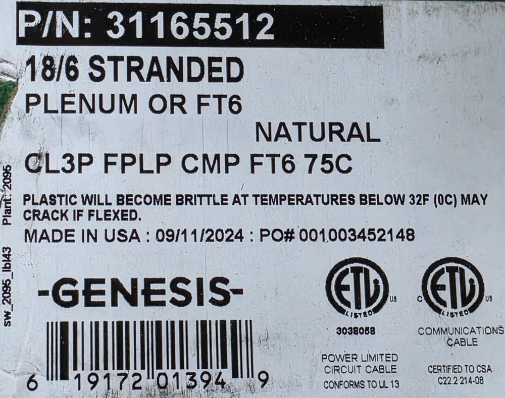 Honeywell Genesis 3116 18/6C Plenum Security/Control Cable CMP White /50ft