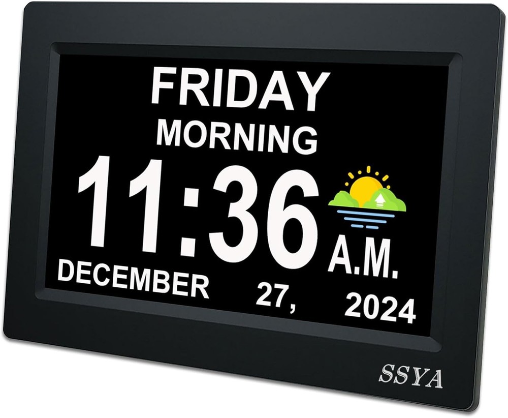 Large Display Calendar Clock - 7 Inch, Auto Dimmable, Black
