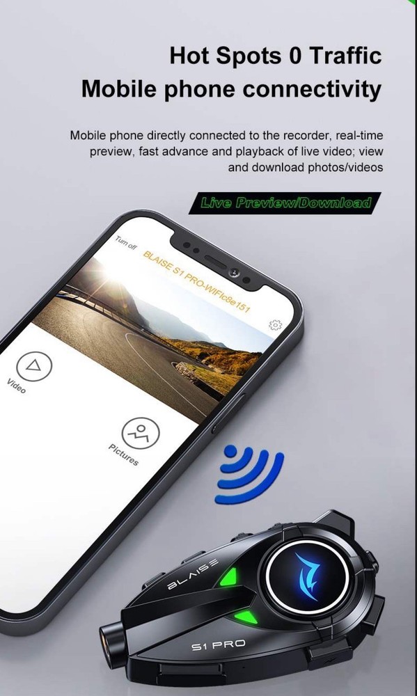 Blaise S1 Pro Helmet Headset Intercom Bluetooth And Camera Recording 1080p HD