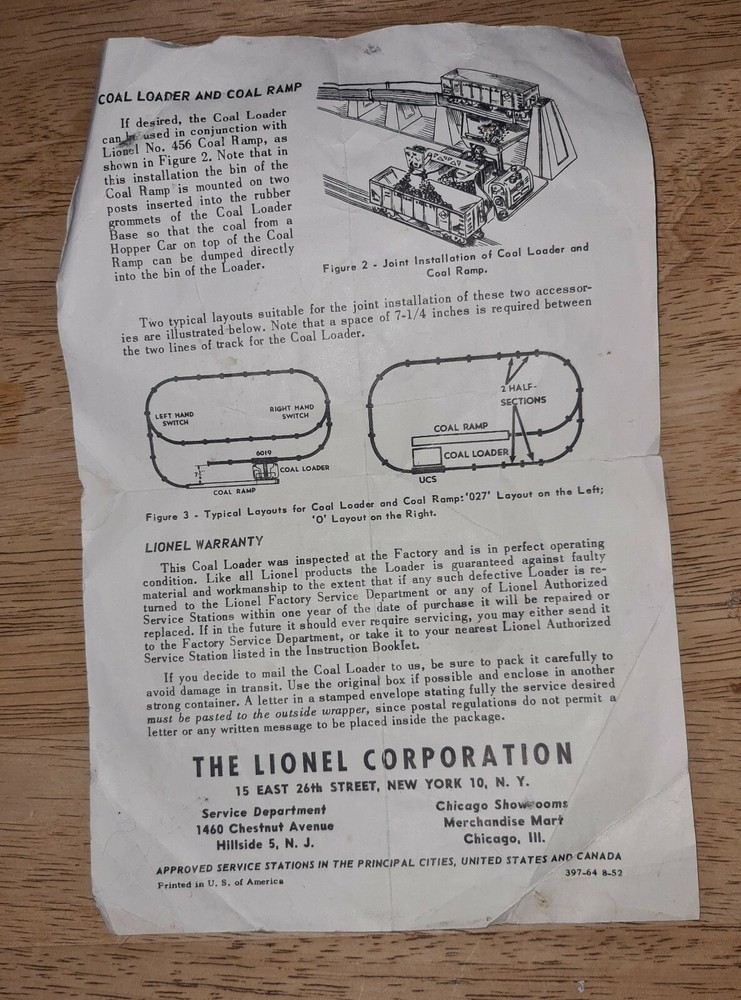 Lionel Remote Control No. 397 Coal Loader Instructions for Operating Original Sh