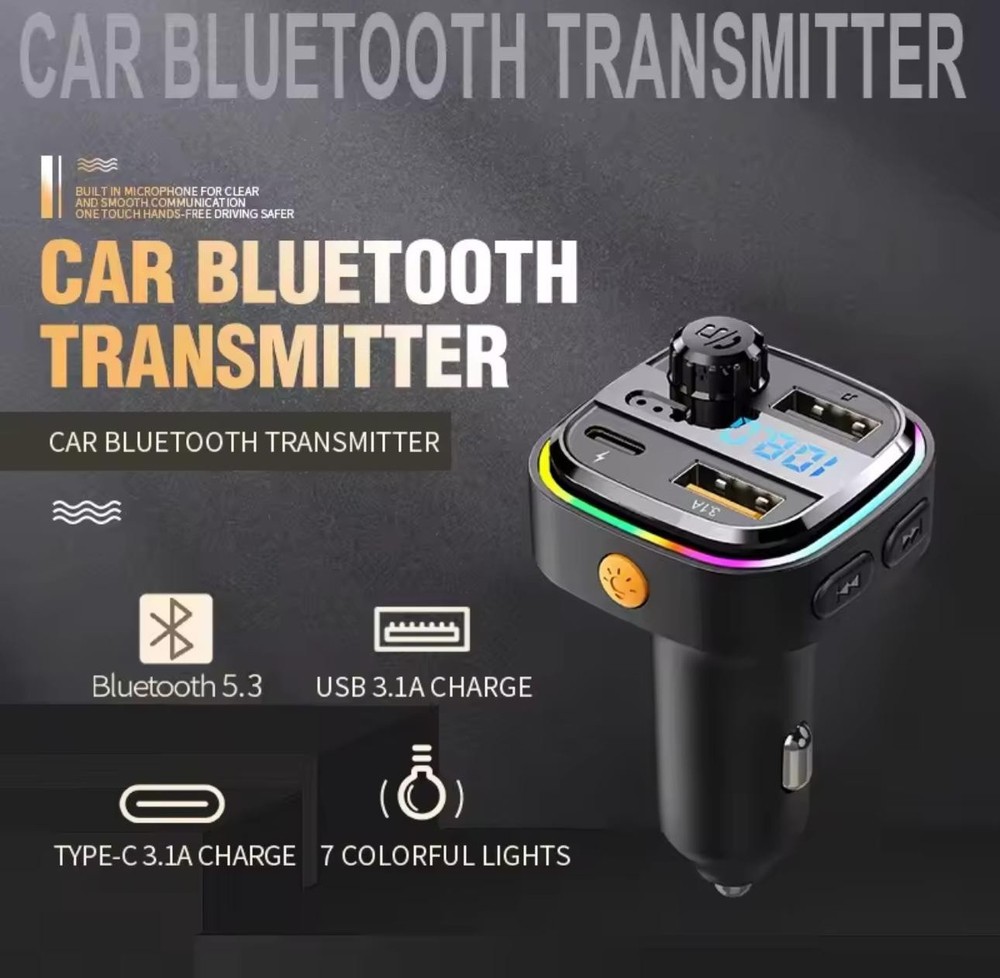 C26 Car FM Transmitter Dual USB Type-C Bluetooth Wireless Speaker Hands-Free MP3