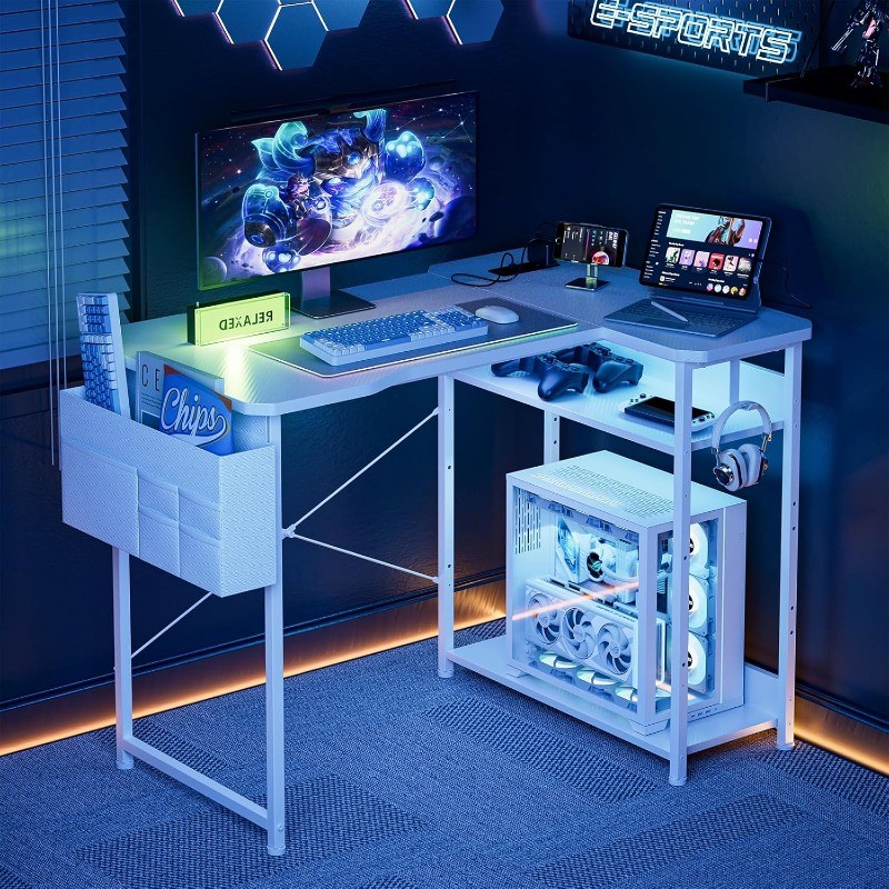 Gaming Desk with Power Outlets 48 Inch L Shaped with Shelves Storage Bag