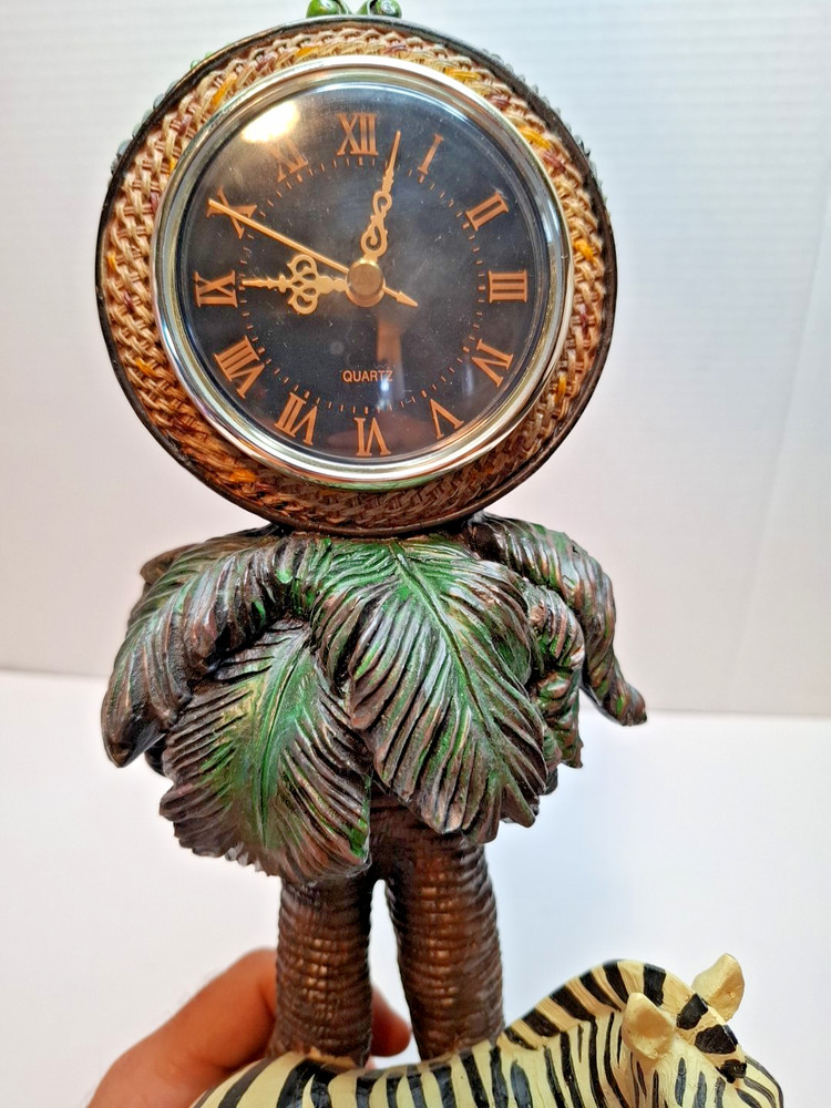 Zebra clock resin sculptured under palm trees 15"Ht. Functioning Clock
