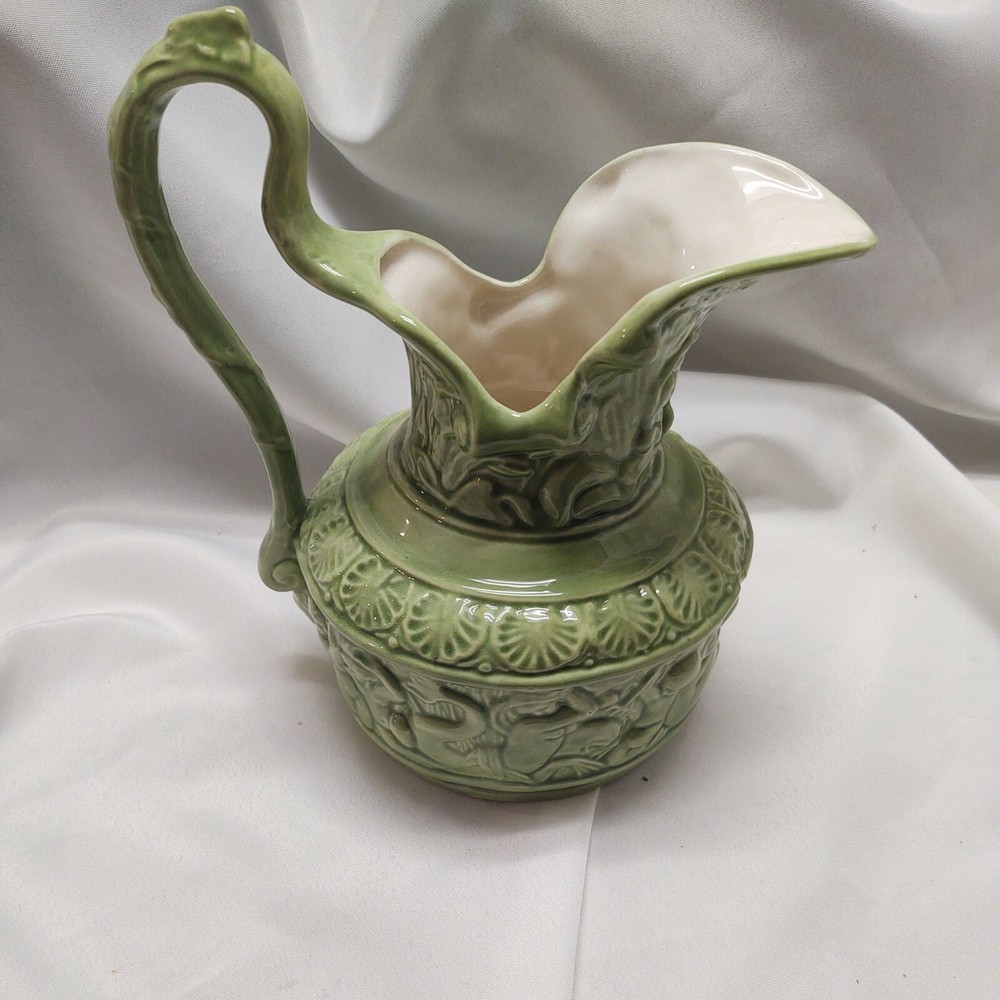Green Ceramic Pitcher Embossed Glossy