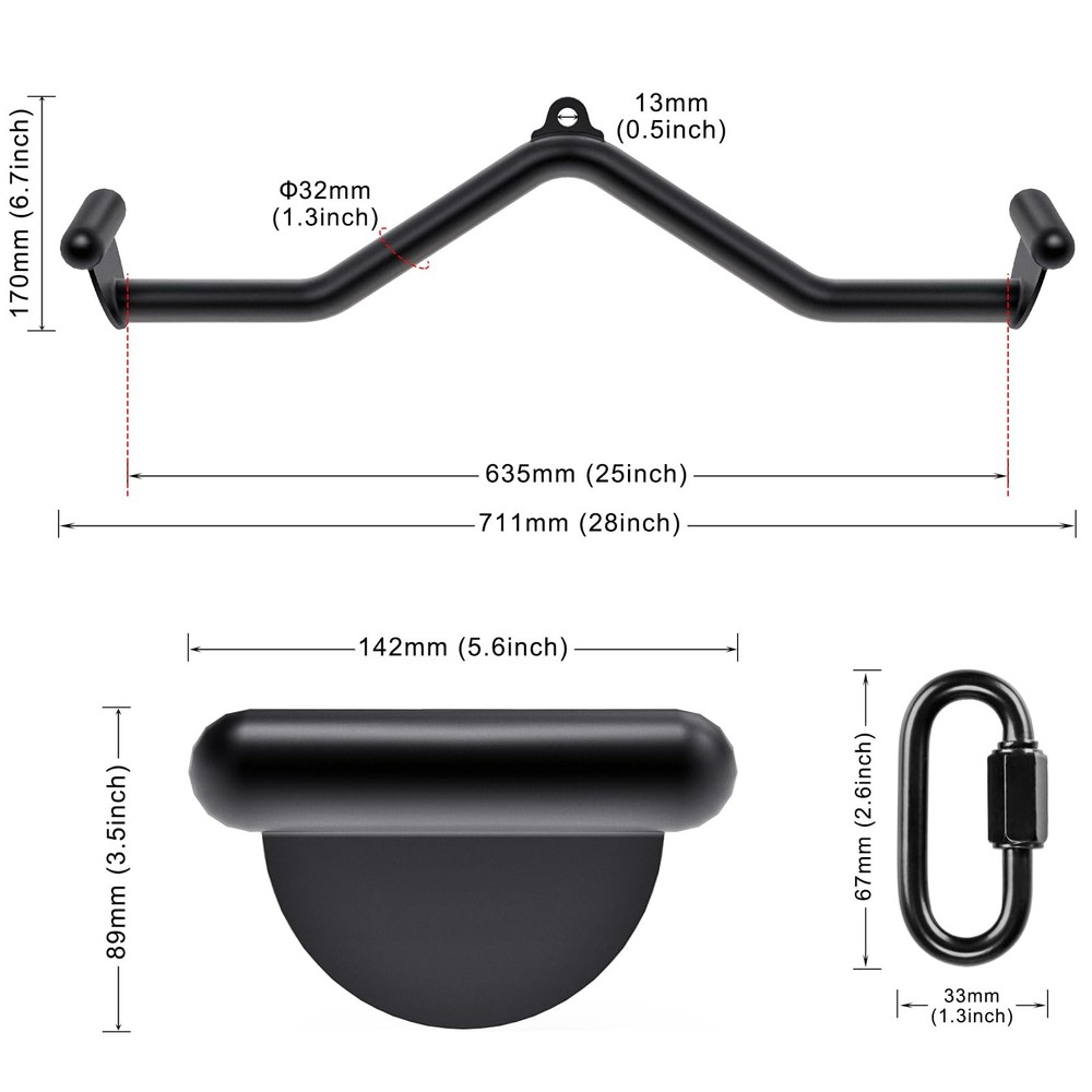28" LAT Pull Down Bars Cable Machine Attachment, Rowing T-bar V-bar Set, Back...