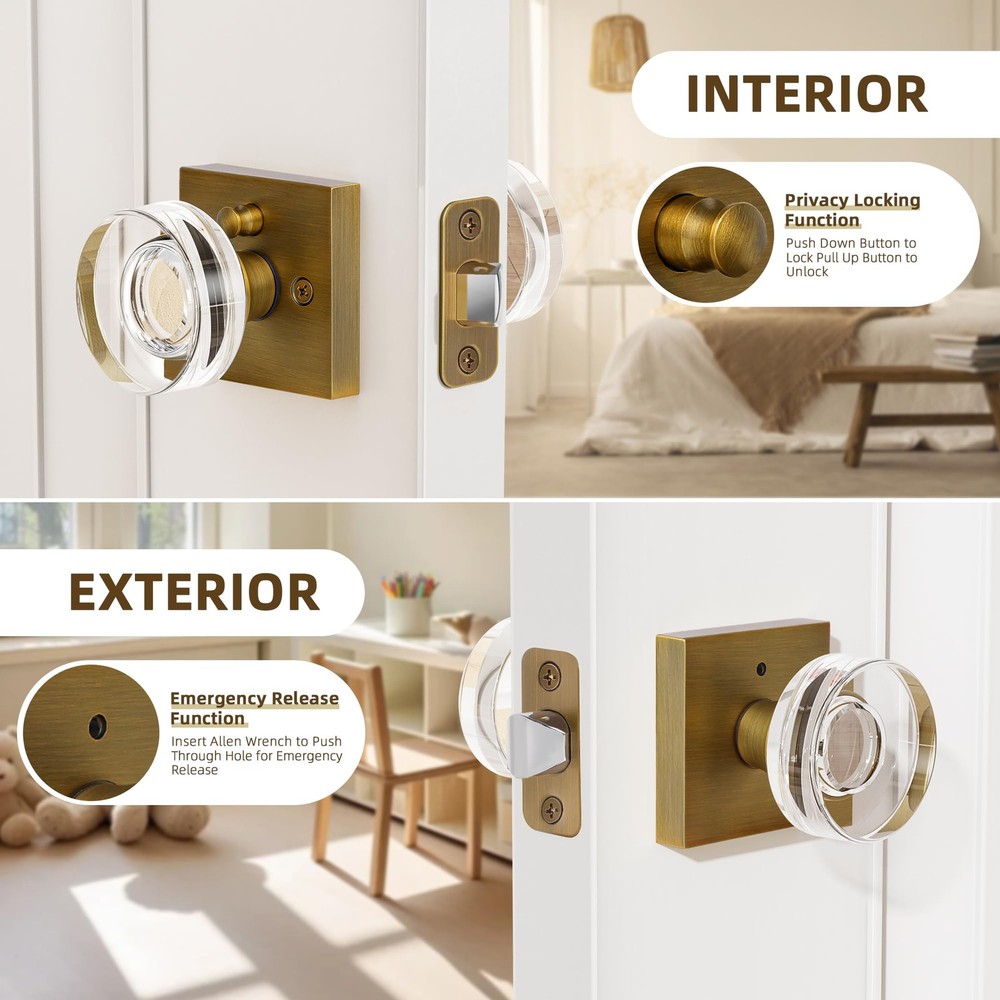 naubea Antique Brass Door Knobs Crystal 1 Pack Privacy,