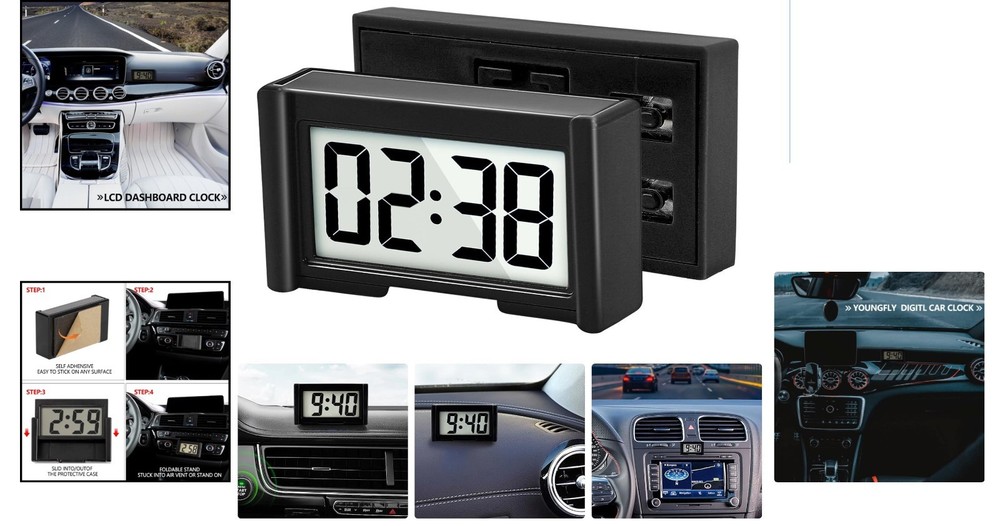 Compact Battery-Operated Digital Dashboard Clock with Stopwatch Function – Black