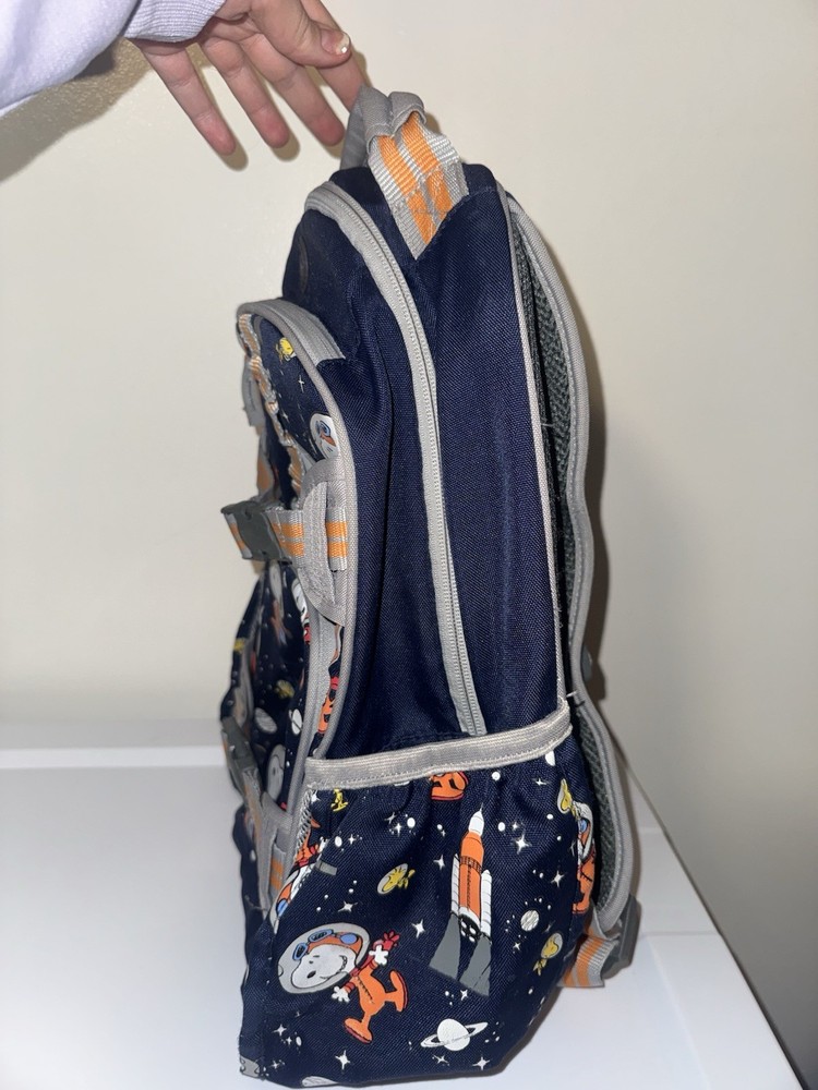 Pottery Barn Kids Snoopy Space Print Backpack Medium Navy Orange Canvas
