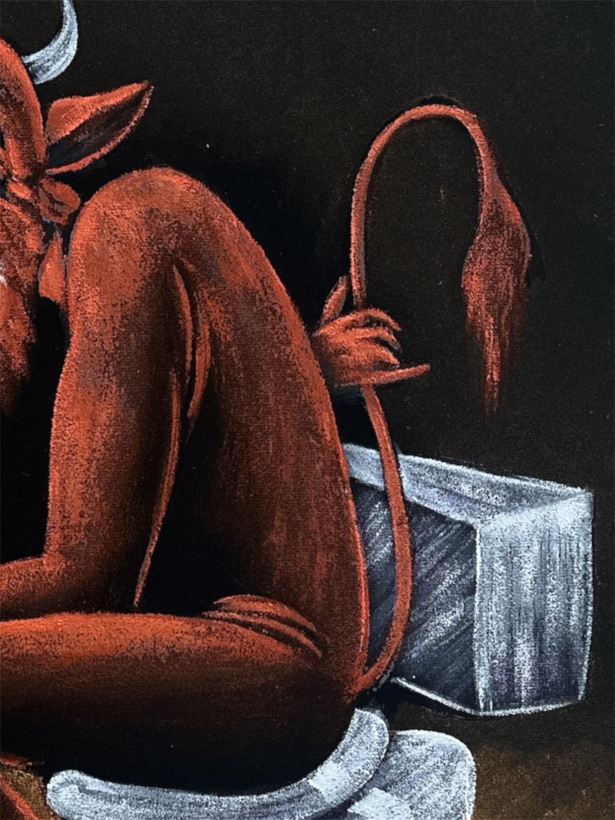 DEVIL ON THE TOILET , 18"X 22" HAND PAINTED,VELVET PAINTING, VINTAGE, WOOD FRAME