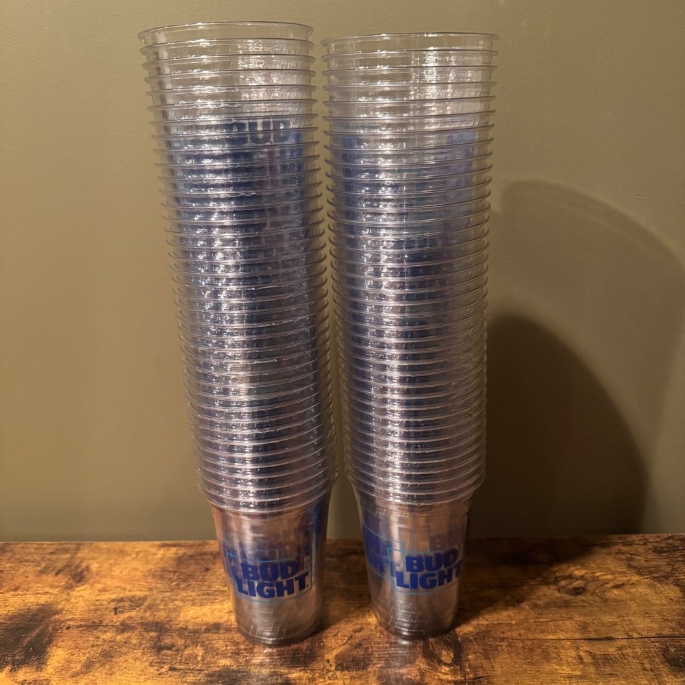 Bud Light Clear Disposable Plastic Party Cups Bulk Pack 75 Count Tailgate NEW