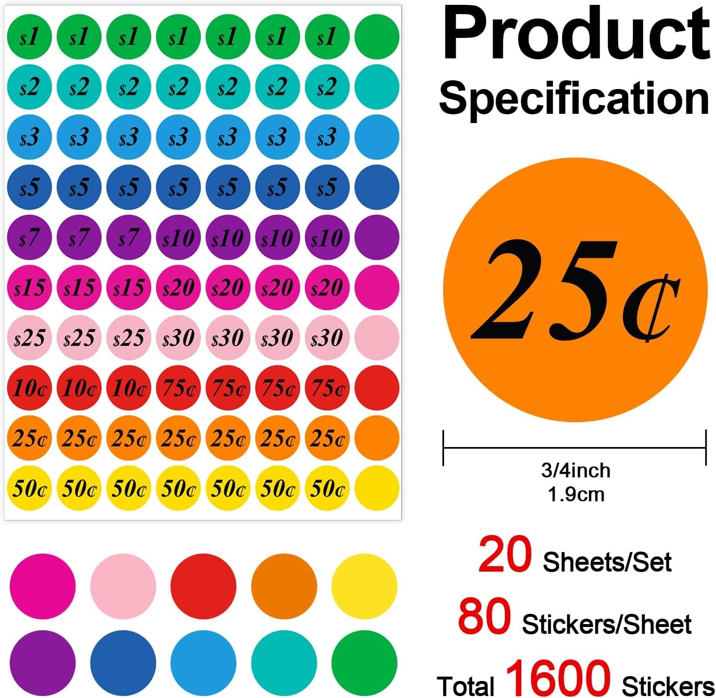 1600 Pcs 3/4 Inch Garage Sale Inch, Price Stickers Sheets