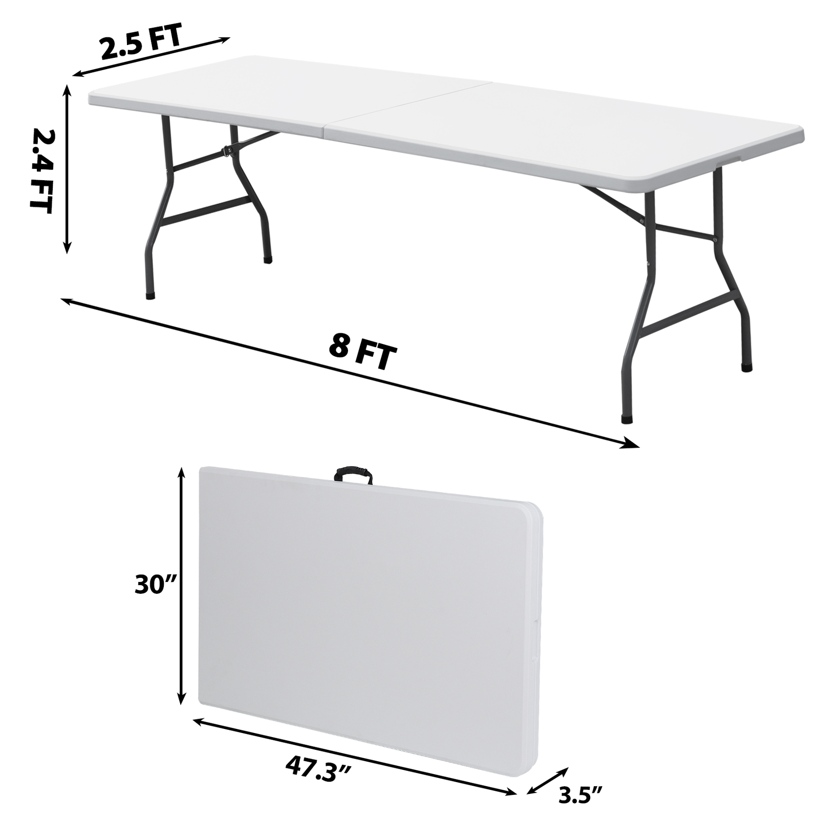 8FT Folding Table Fold-in-Half Plastic Dining Picnic Table for Outdoor w/ Handle