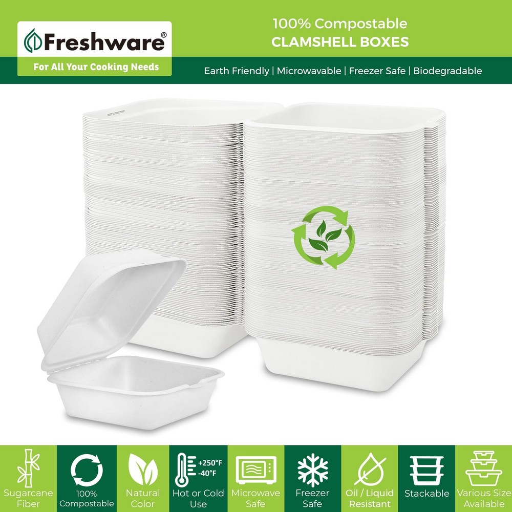 Freshware Compostable Clamshell Food Containers [6x6" 50-Pack], Biodegradable...