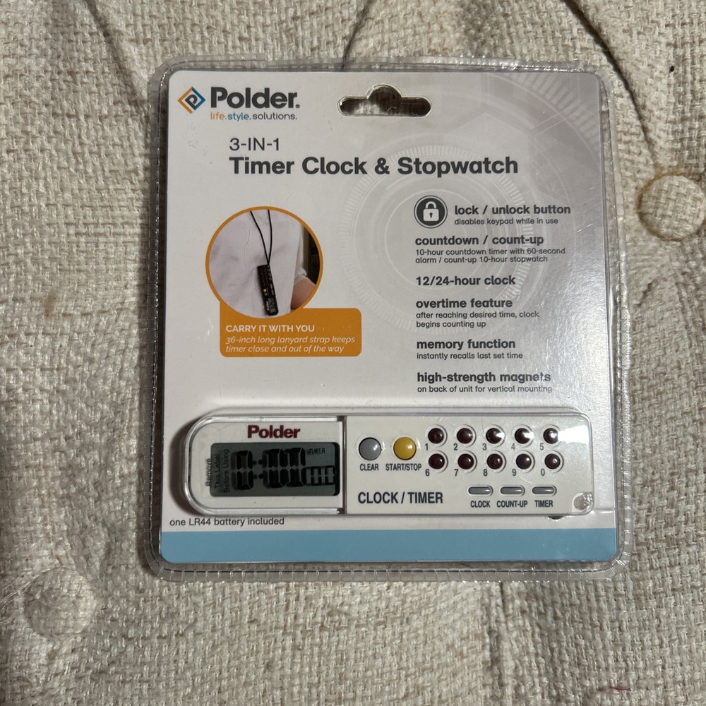 Polder 3-IN-1 Timer Clock & Stopwatch 898-90 Multi Function Tool w/ Lanyard NEW