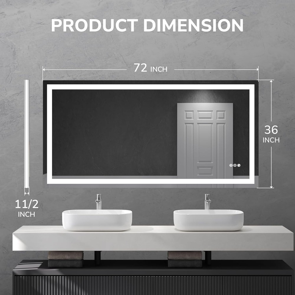 LED Bathroom Mirror 72x36" Dimmable Lighted Vanity Mirror Horizontal&Vertical