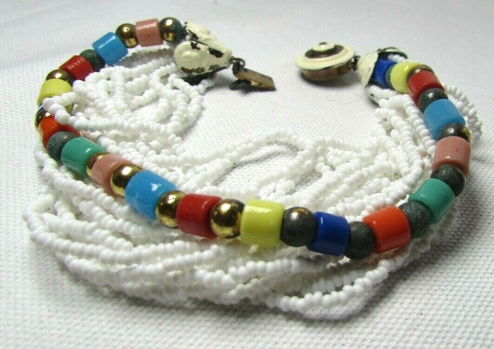 Vintage White 17 Seventeen Multi Strand Seed Bead Bracelet Bold Statement Boho