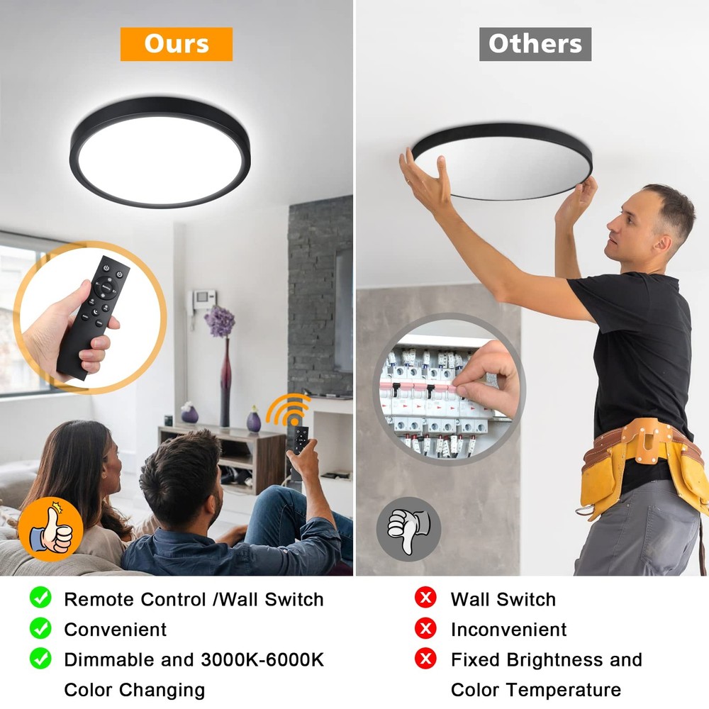 Dimmable LED Flush Mount Ceiling Light with Remote Control 3000K-6000K Color