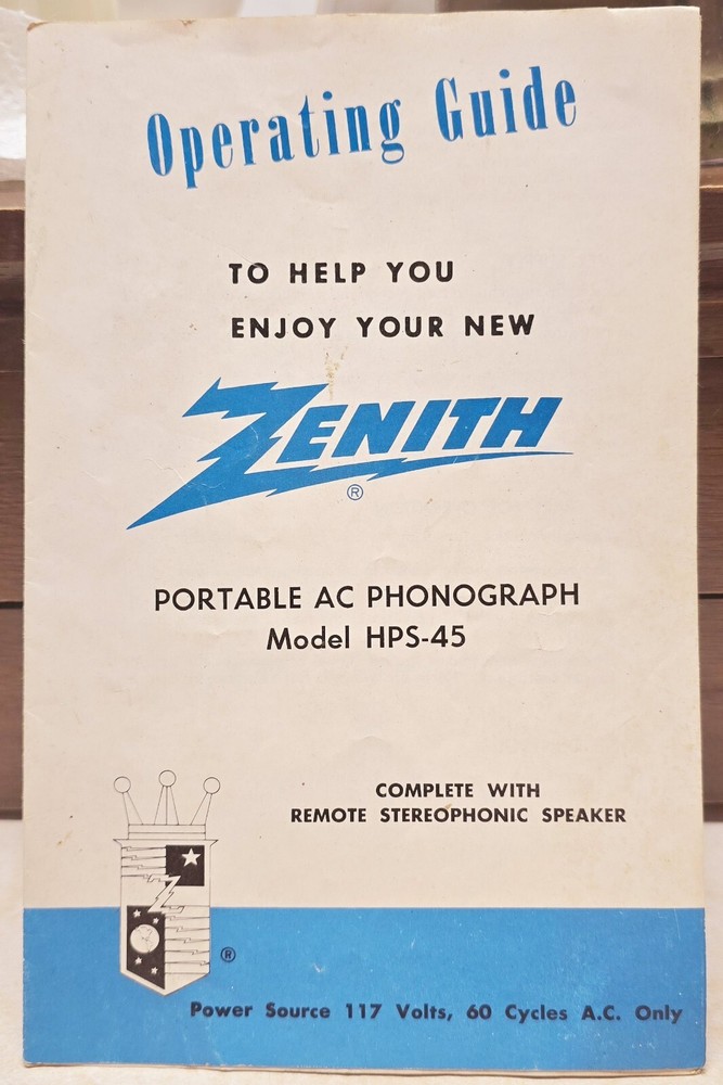 Vintage Zenith HPS-45 Portable AC Phonograph Operating Guide