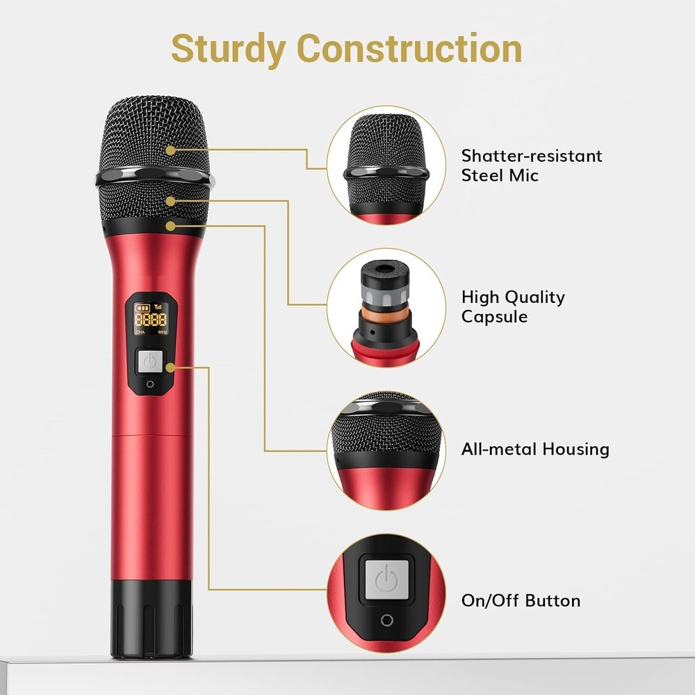 TONOR TW820 Wireless Microphone System - 2 Mics - 200ft Range - Red