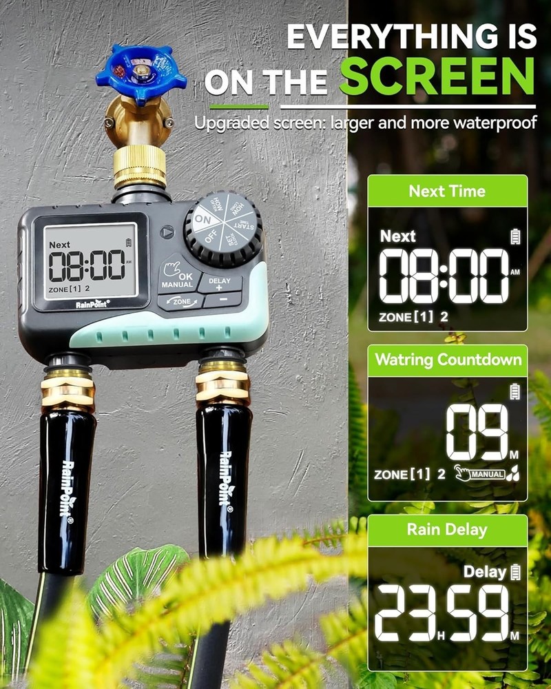 Compact 2 Zone Water Hose Timer with Manual Watering and Rain Delay Features