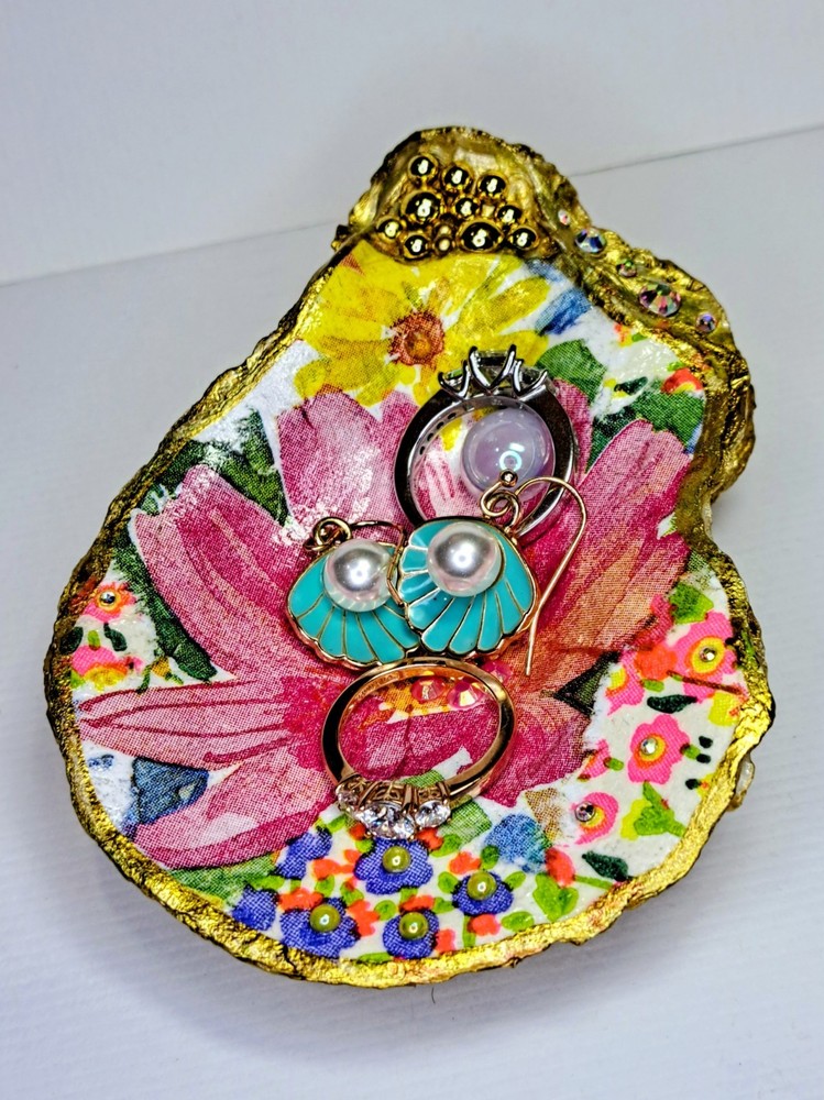 Handcrafted Decoupaged Floral Oyster Shell Ring/Trinket Dish