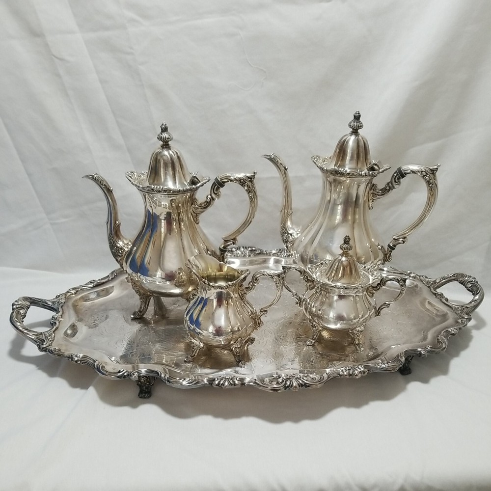 Wallace Silver Plate Coffee,Tea Set 5 Piece Large 28½" Tray Rosepoint Pattern