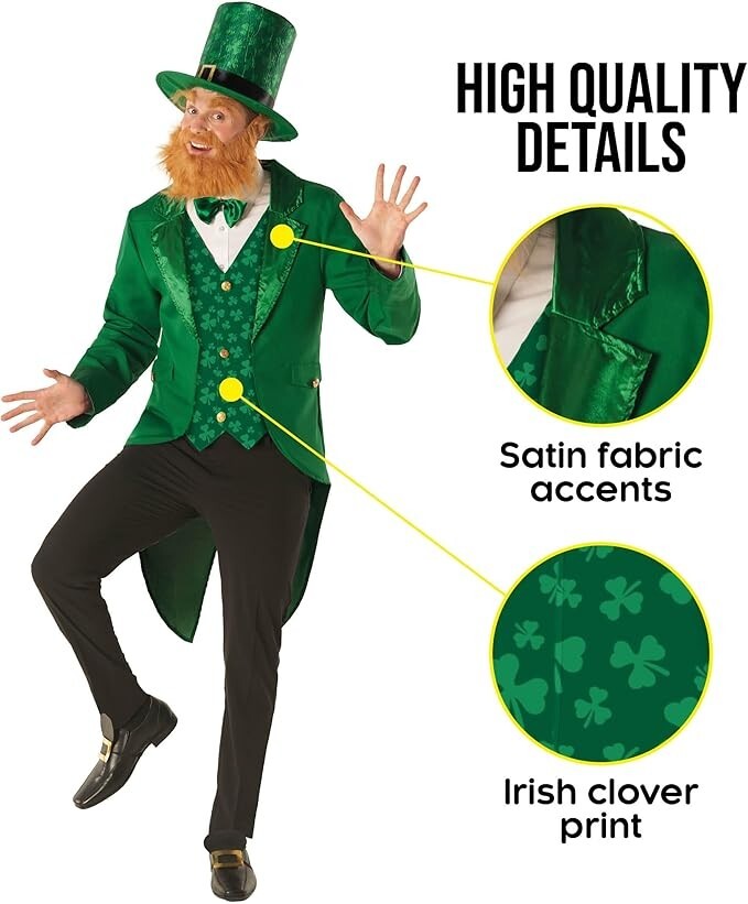Men`s Leprechaun Costume + Hat Adult St Patrick`s Day Irish Outfit Suit M - 2XL